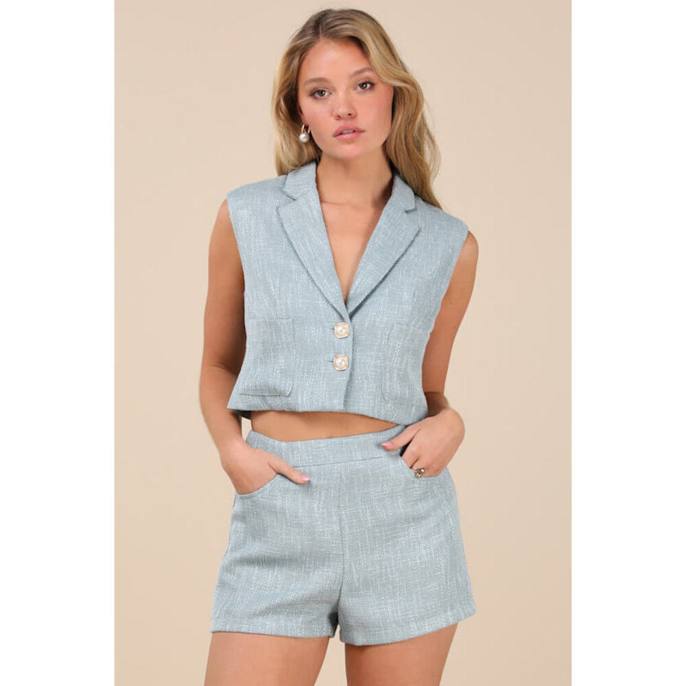 Lulus Perfect Company Light Blue Tweed High-waisted Shorts - Size XXL
